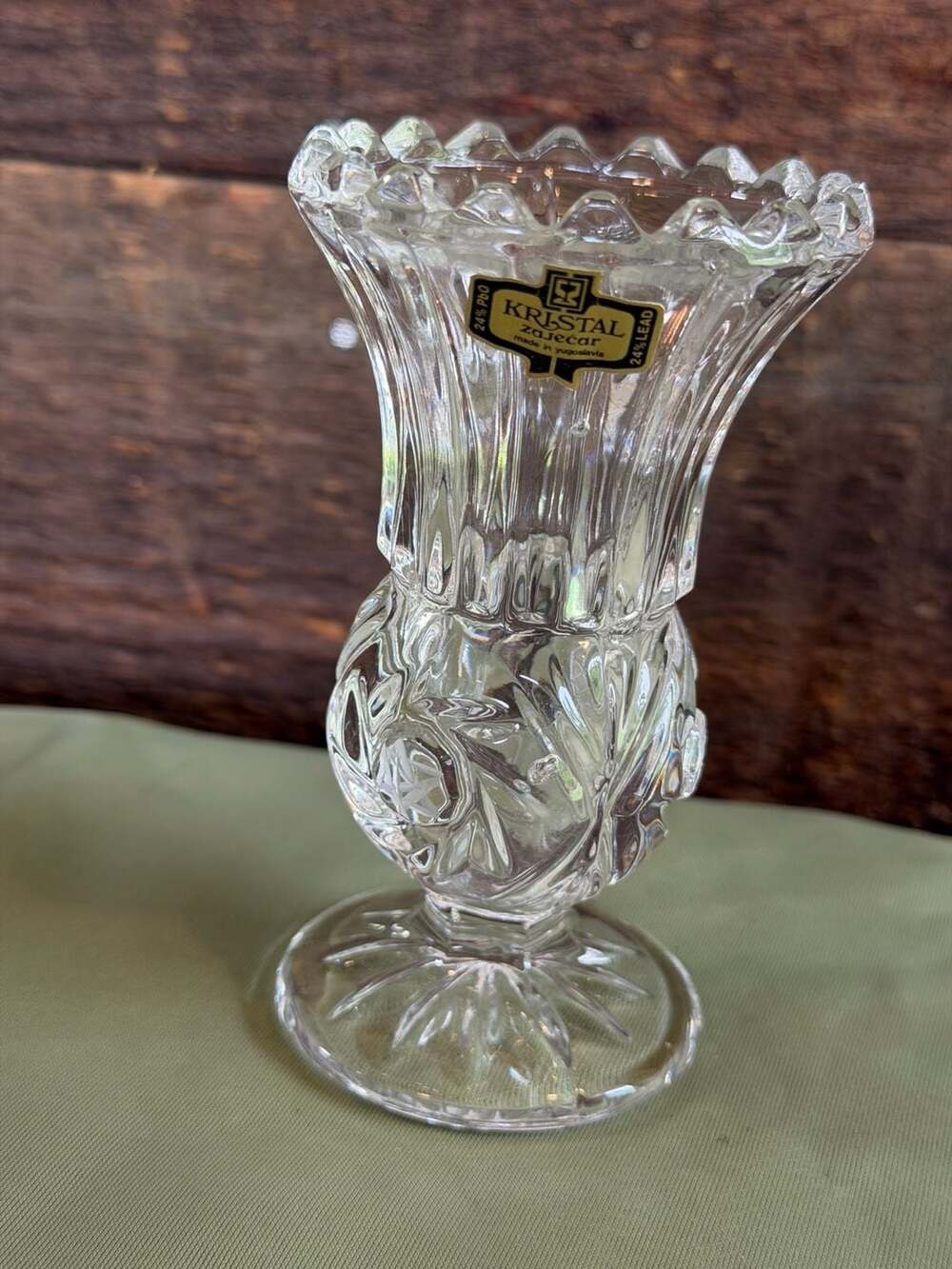 Vtg Kristal Zajecar 24% Lead Crystal Small Footed Bud Vase Made in Yugoslavia